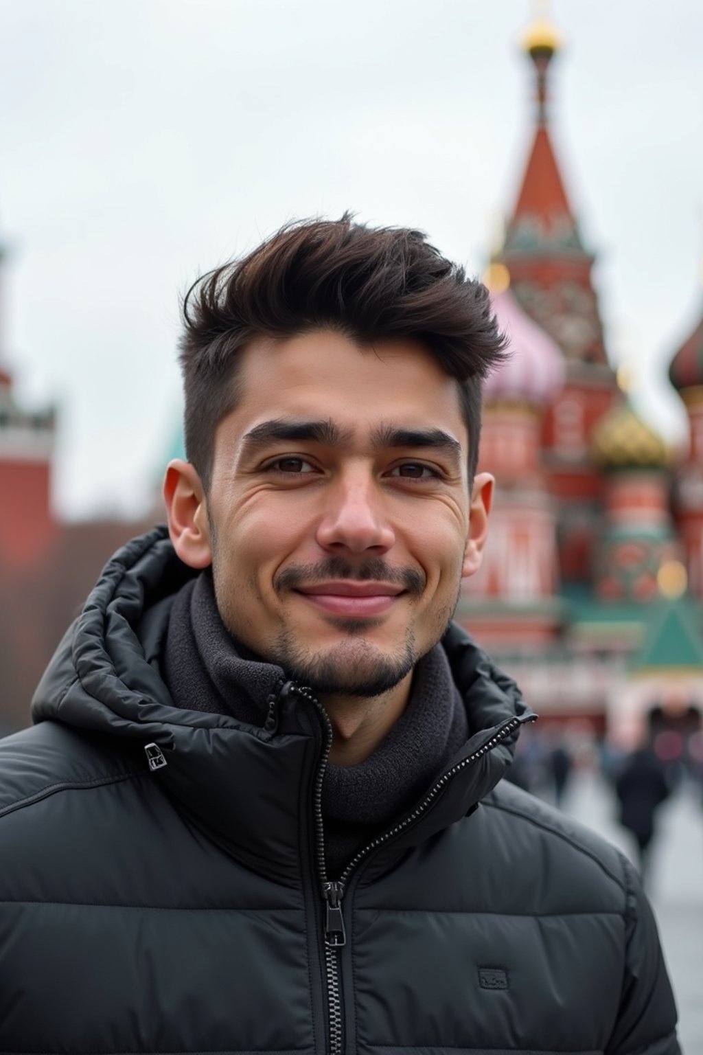 man as digital nomad in Moscow with the Kremlin in the background