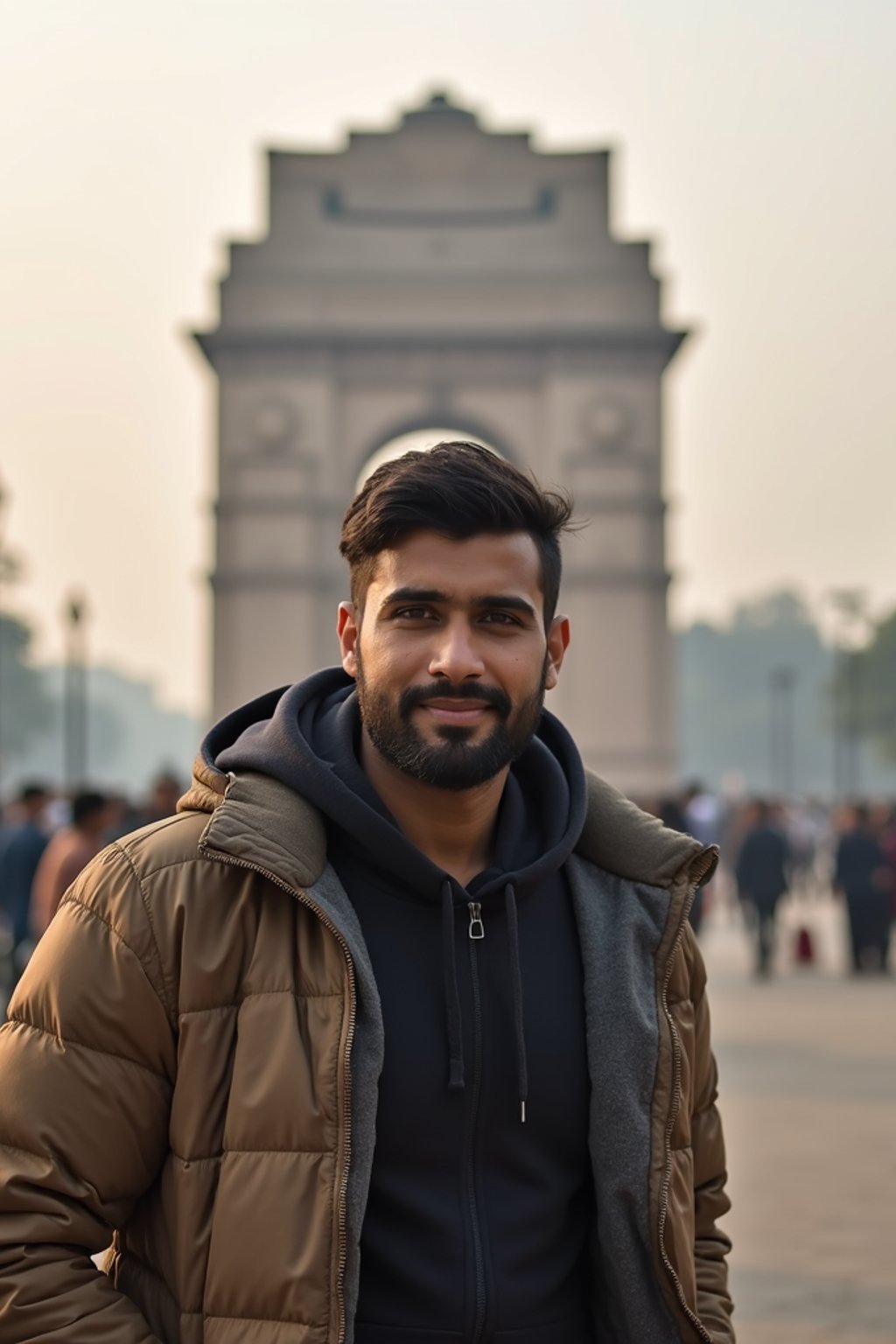 man as digital nomad in Delhi with the India Gate in the background