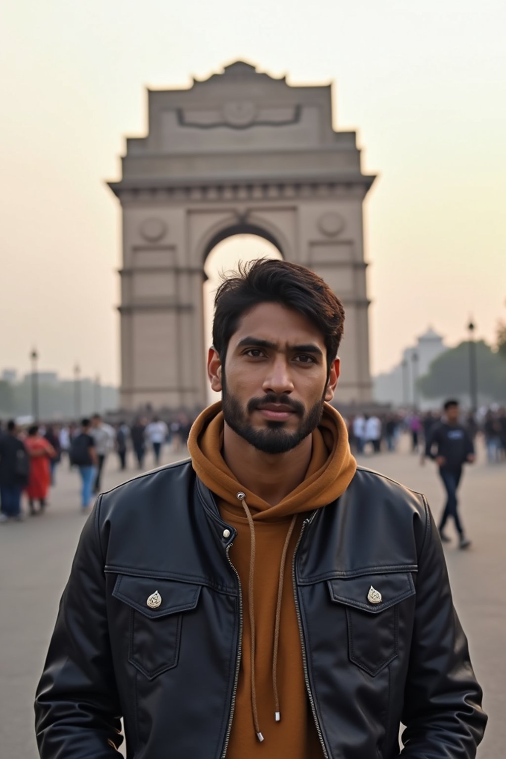 man as digital nomad in Delhi with the India Gate in the background