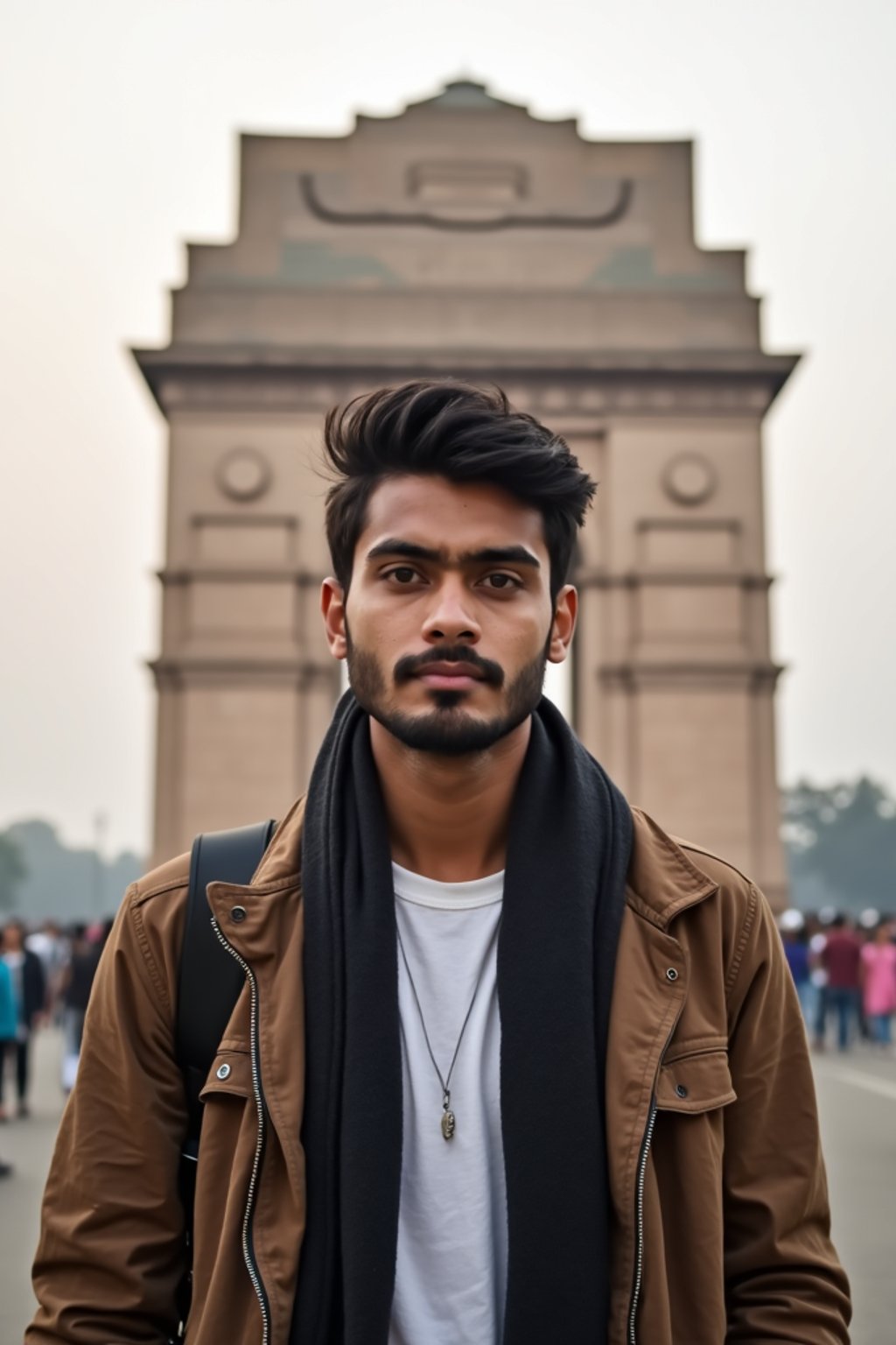 man as digital nomad in Delhi with the India Gate in the background