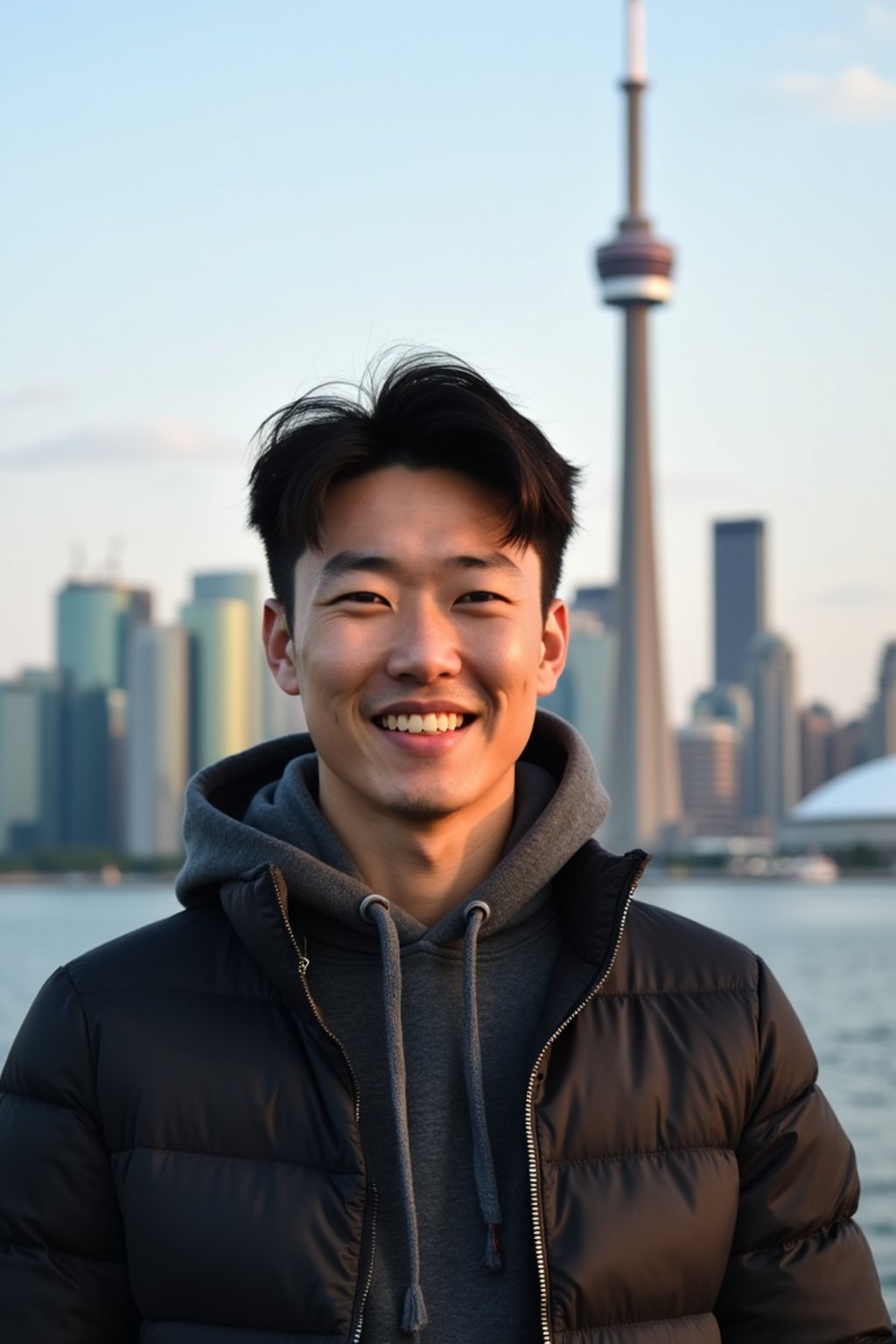 man as digital nomad in Toronto with the CN Tower in the background