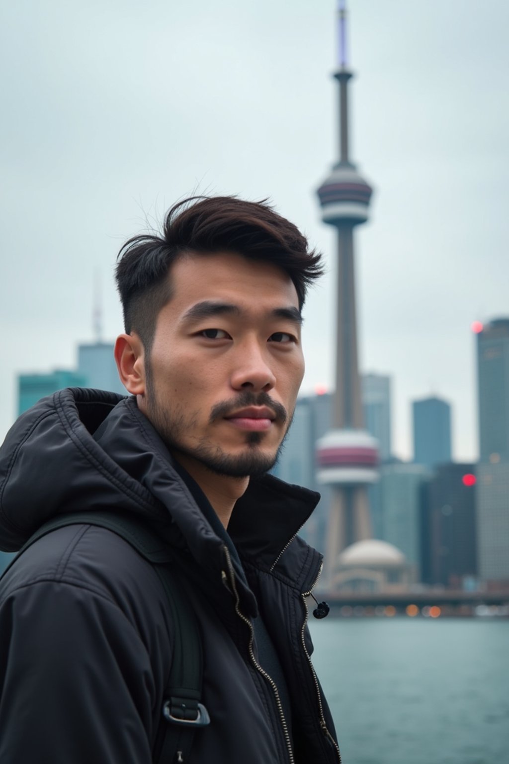 man as digital nomad in Toronto with the CN Tower in the background