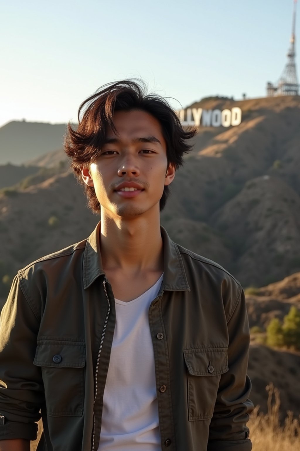 man as digital nomad in Los Angeles with the Hollywood sign in the background