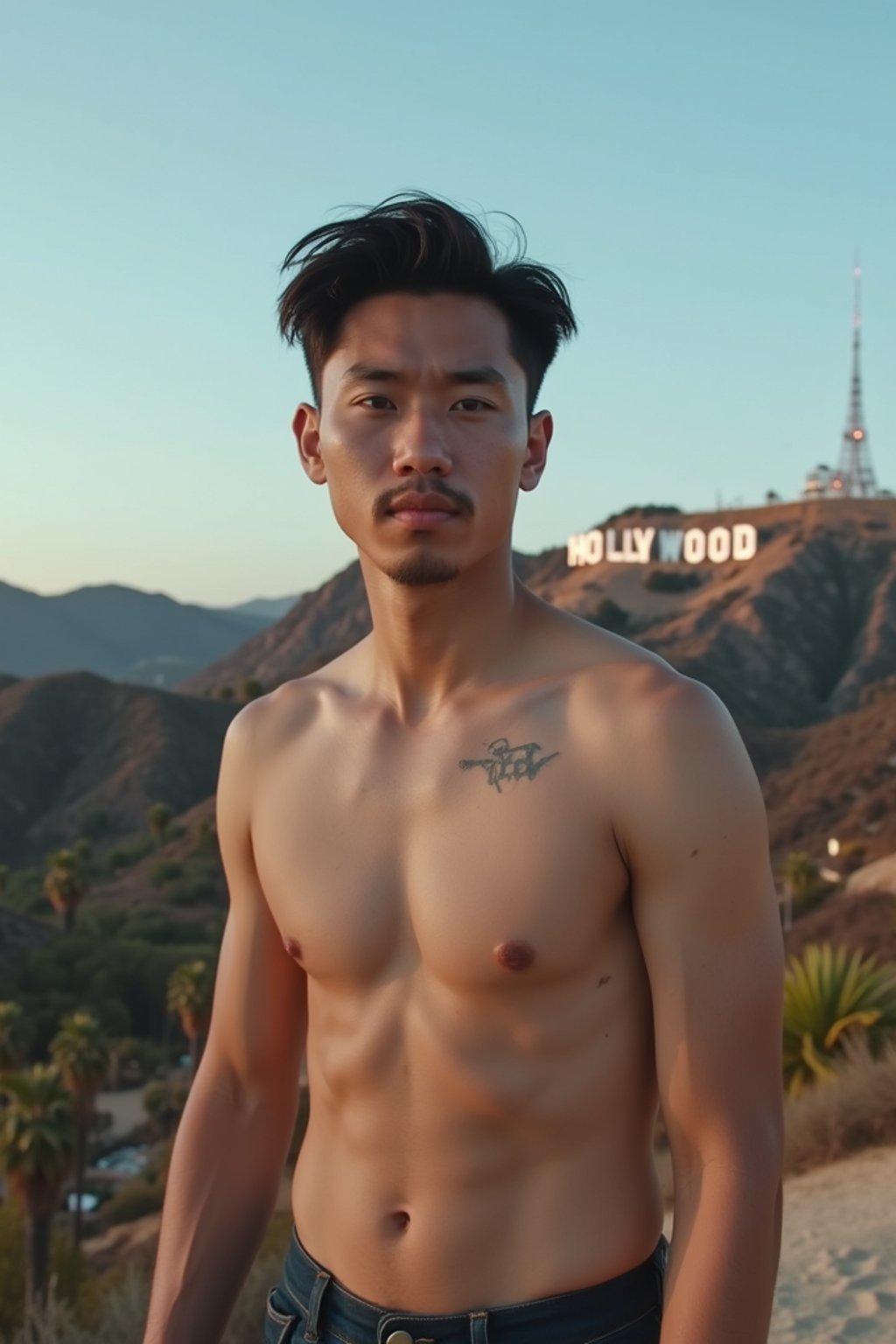 man as digital nomad in Los Angeles with the Hollywood sign in the background