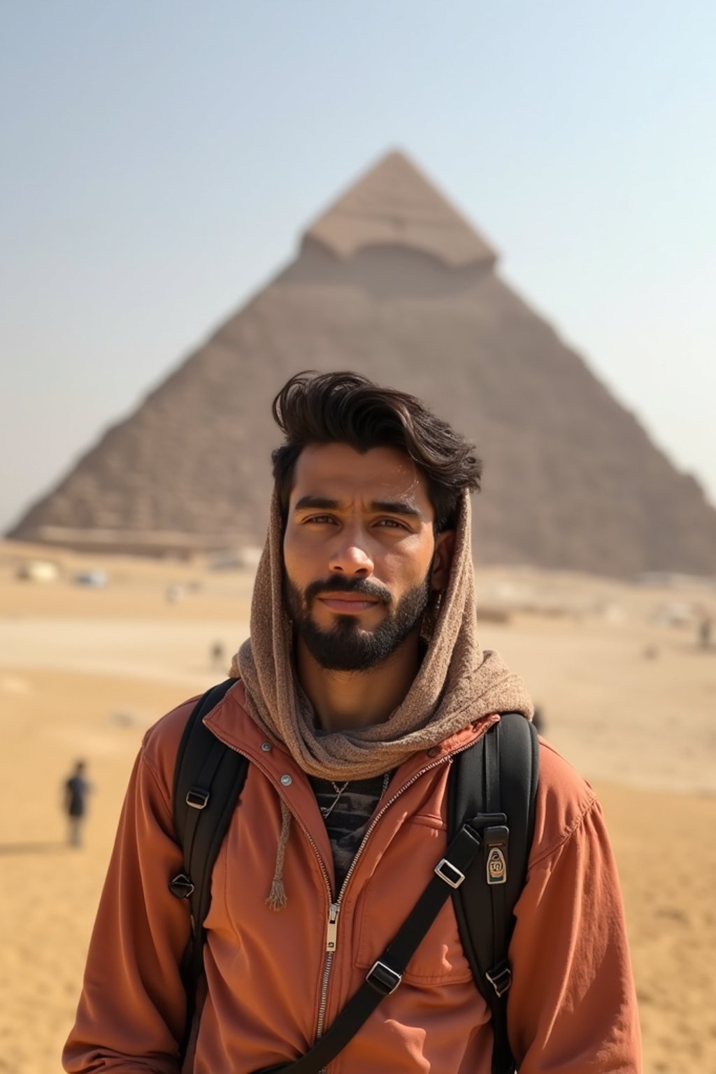 man as digital nomad in Cairo with the Pyramids of Giza in the background