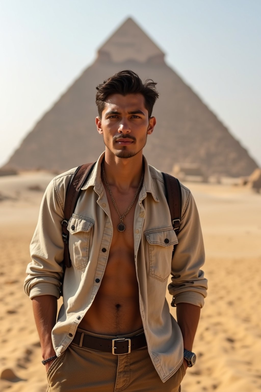 man as digital nomad in Cairo with the Pyramids of Giza in the background