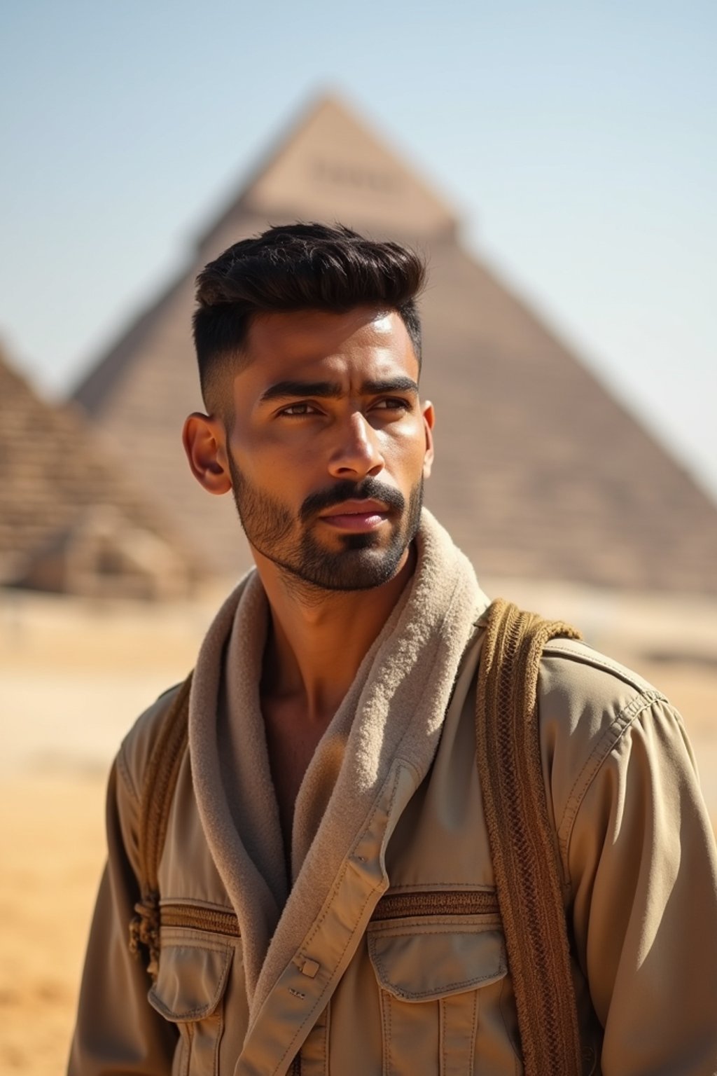 man as digital nomad in Cairo with the Pyramids of Giza in the background