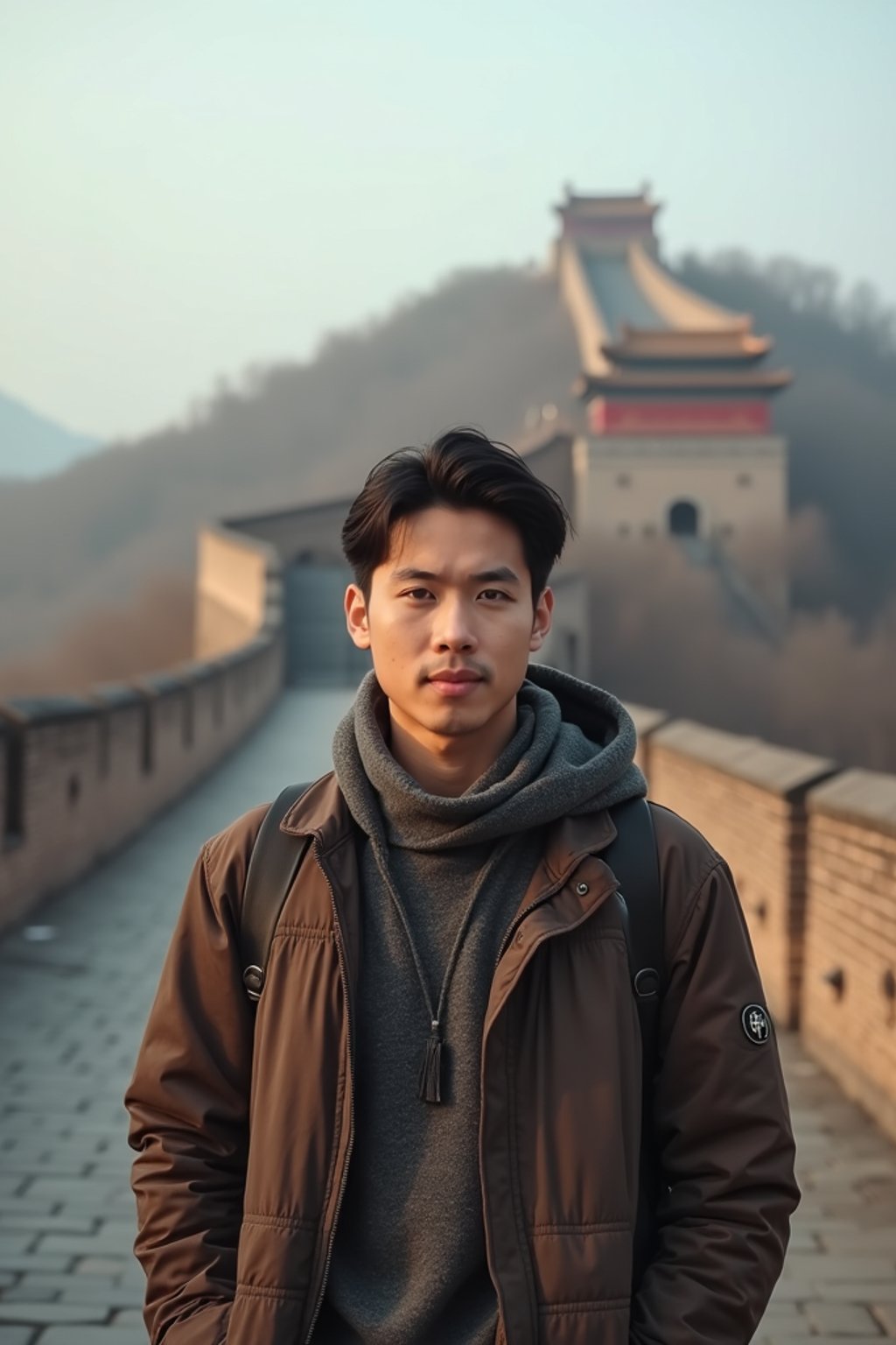 man as digital nomad in Beijing with the Great Wall in the background