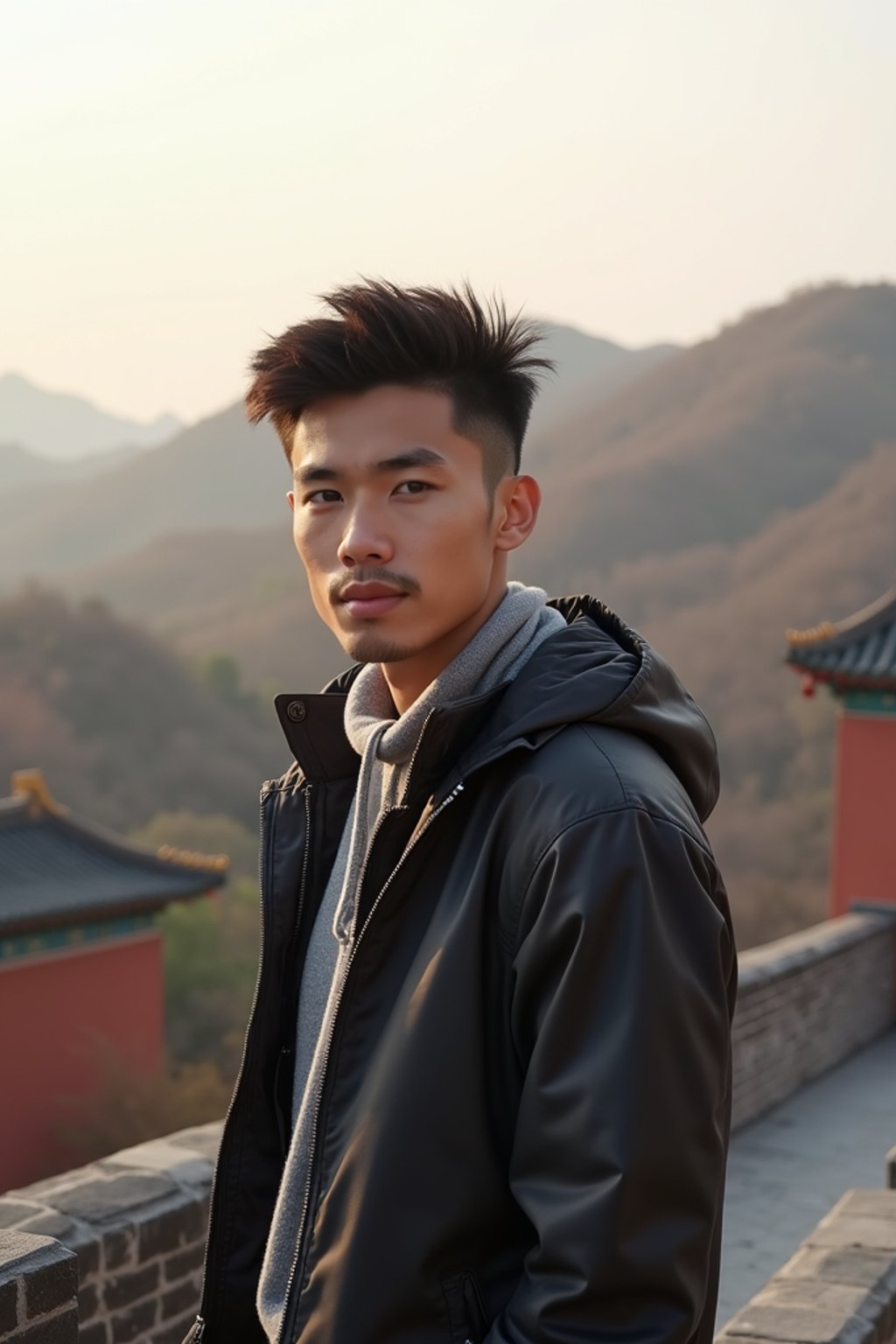 man as digital nomad in Beijing with the Great Wall in the background