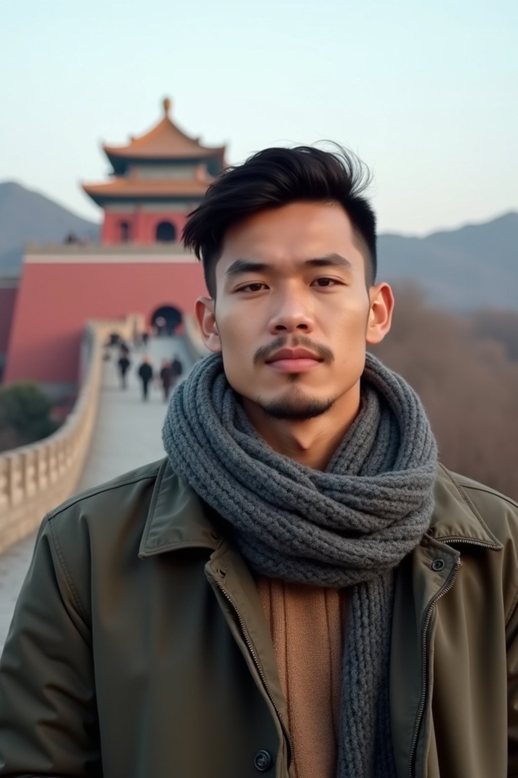 man as digital nomad in Beijing with the Great Wall in the background