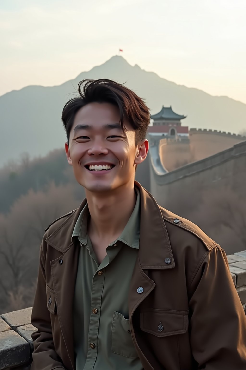 man as digital nomad in Beijing with the Great Wall in the background