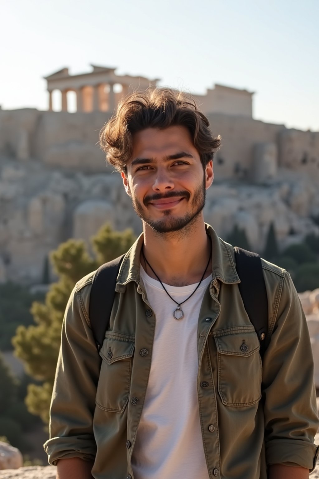 man as digital nomad in Athens with the Acropolis in the background