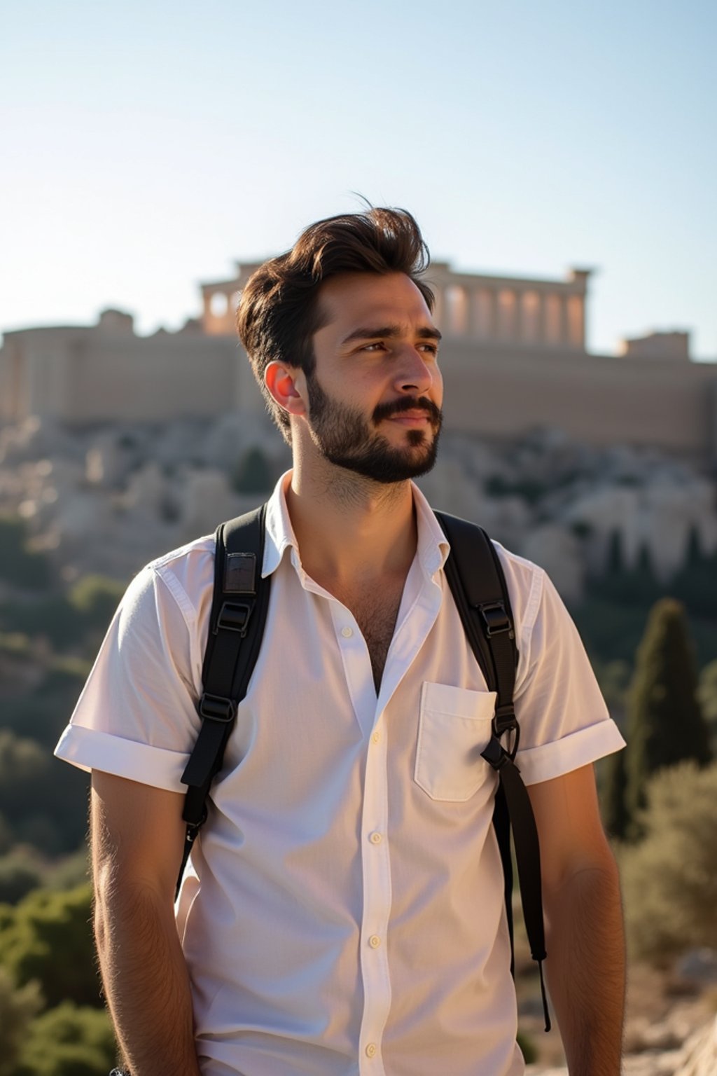 man as digital nomad in Athens with the Acropolis in the background