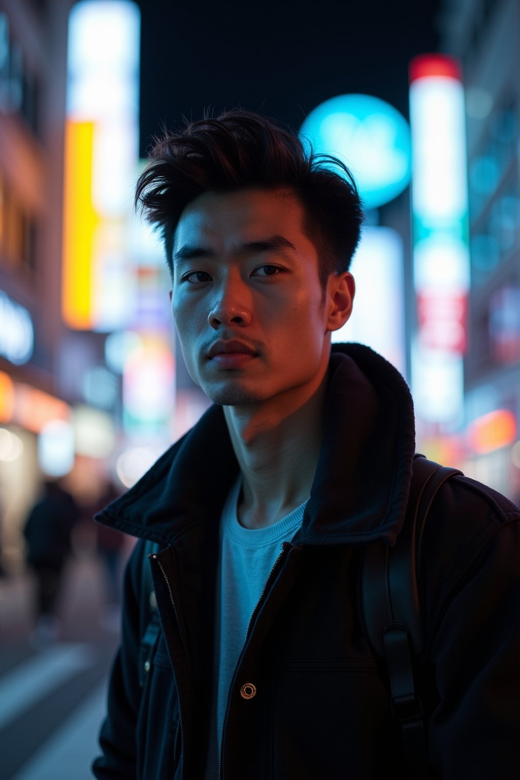 man as digital nomad in Tokyo at night with neon lights