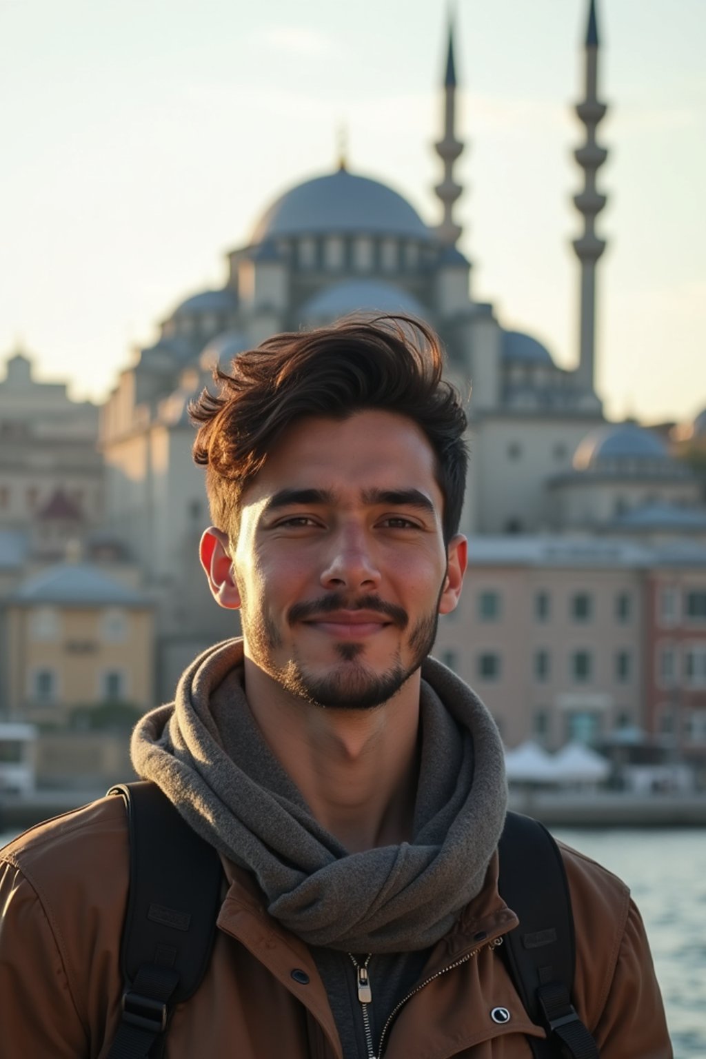 man as digital nomad in Istanbul with The Mosque in background