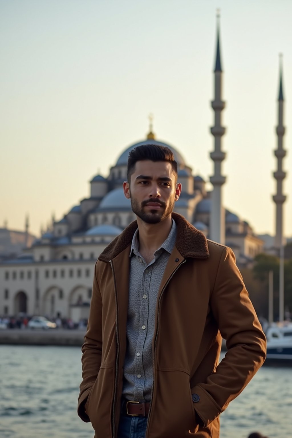 man as digital nomad in Istanbul with The Mosque in background