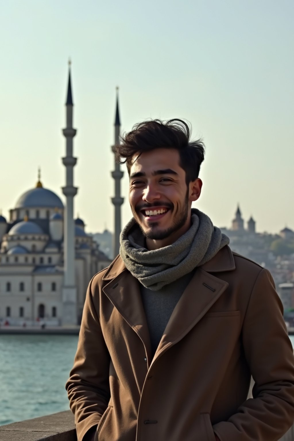 man as digital nomad in Istanbul with The Mosque in background