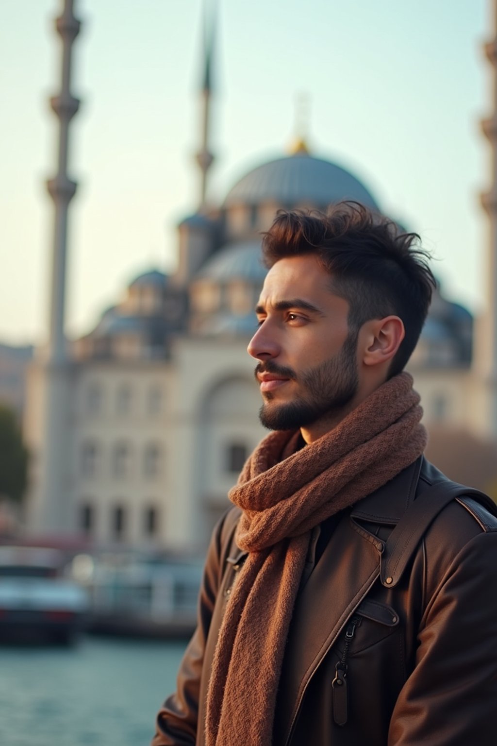 man as digital nomad in Istanbul with The Mosque in background