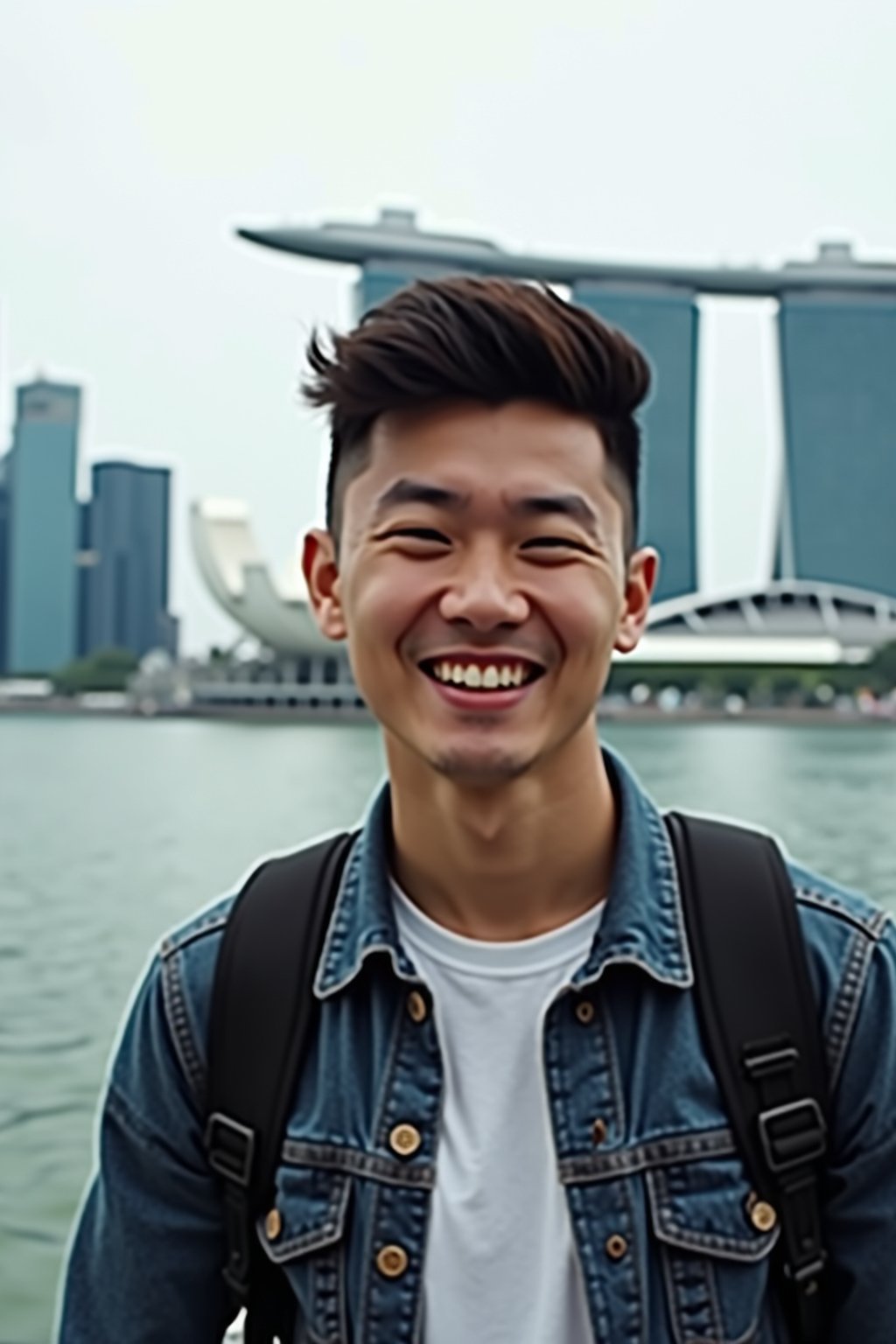 man as digital nomad in Singapore with Marina Bay Sands in background