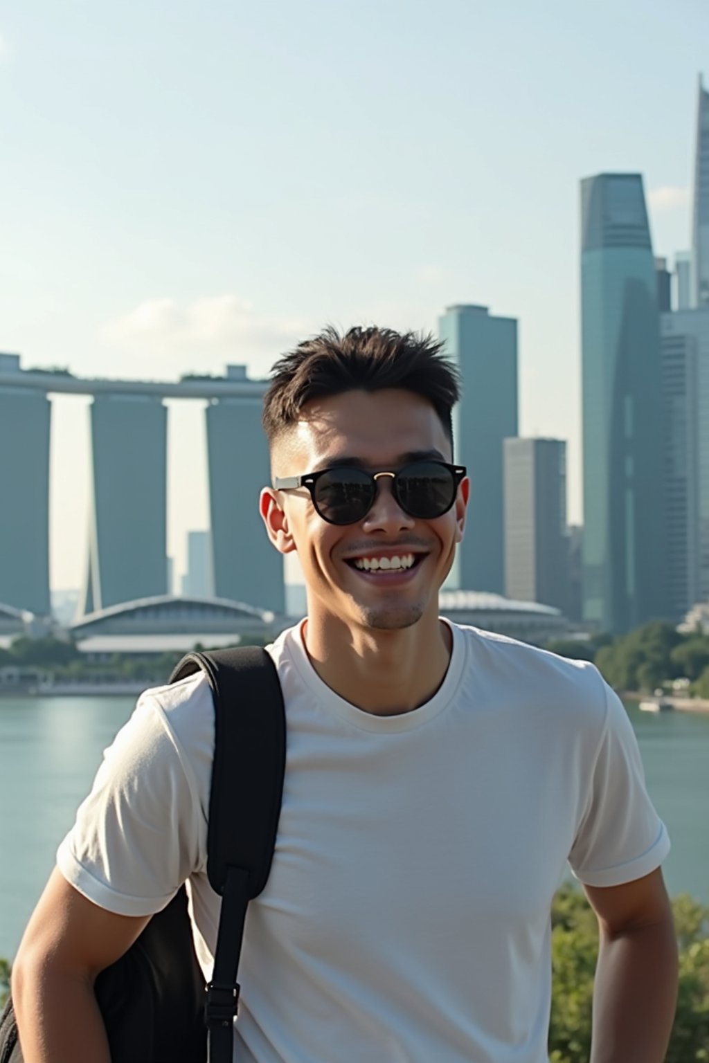 man as digital nomad in Singapore with Marina Bay Sands in background