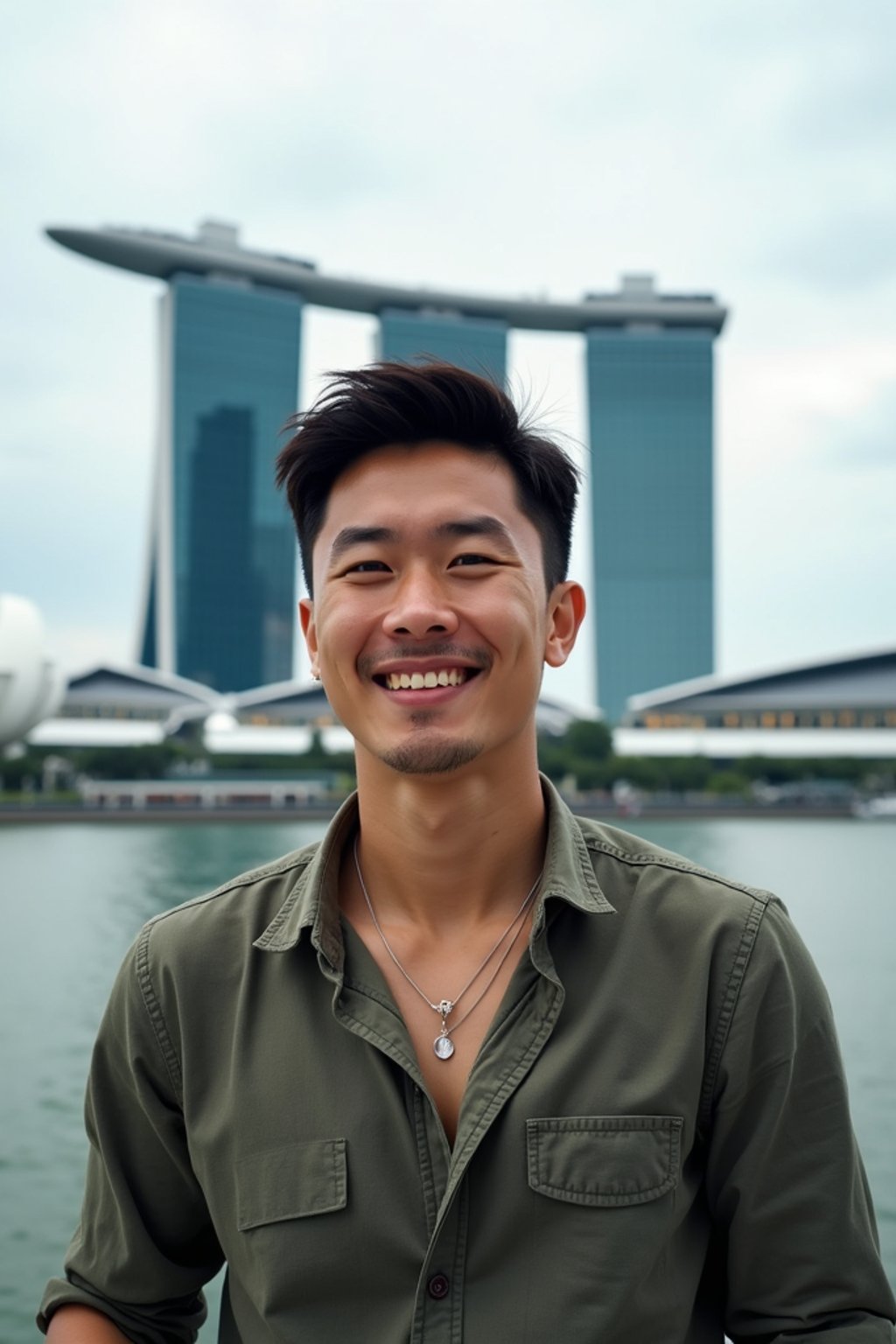 man as digital nomad in Singapore with Marina Bay Sands in background