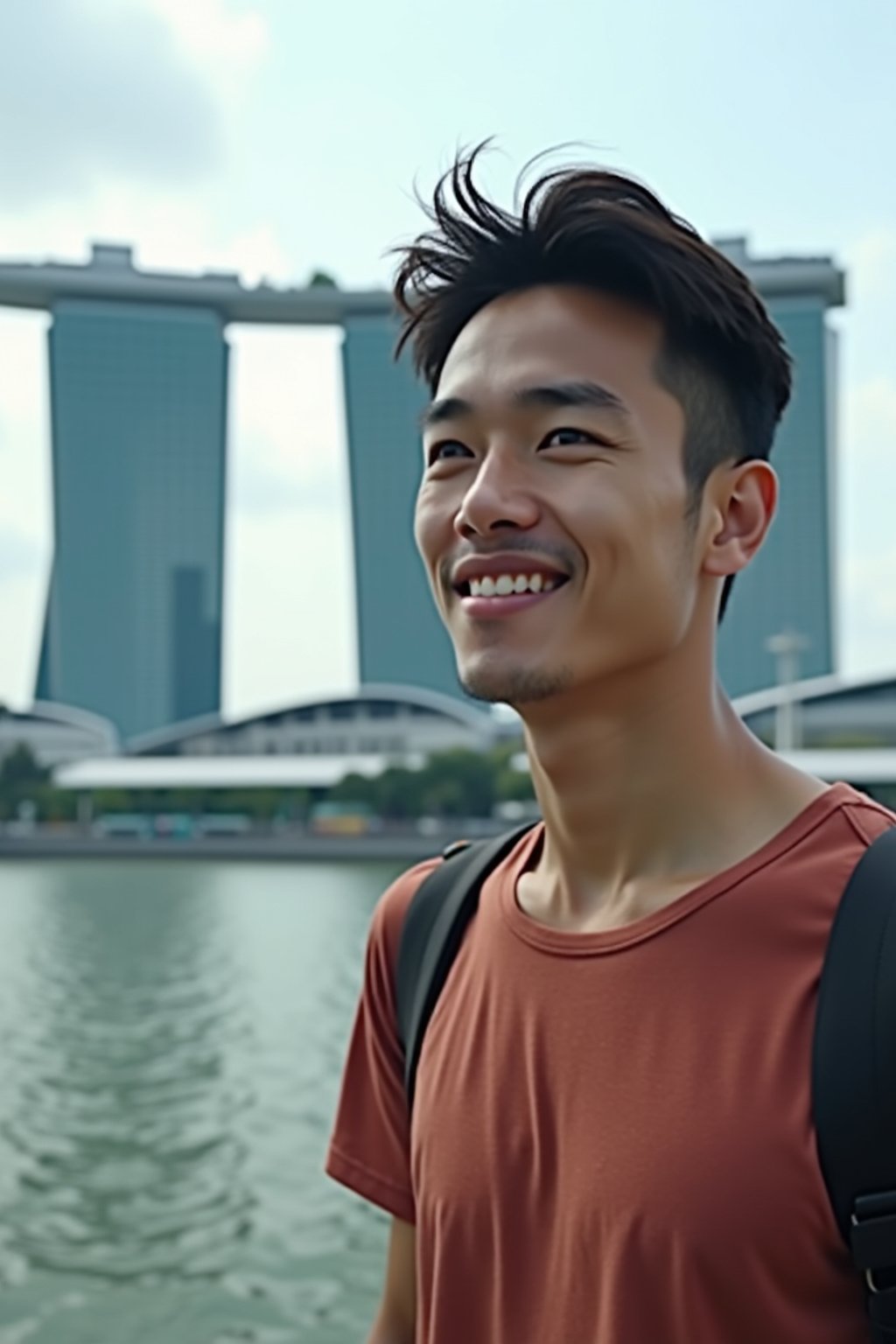 man as digital nomad in Singapore with Marina Bay Sands in background