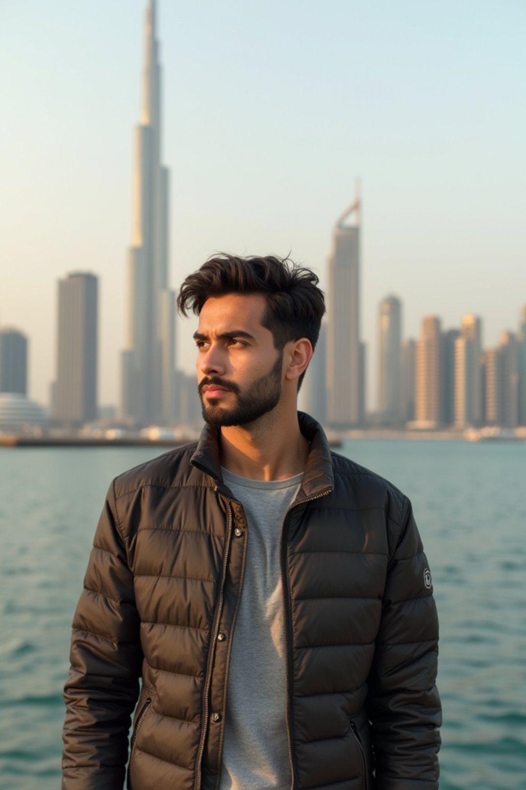 man as digital nomad in Dubai with skyline in background