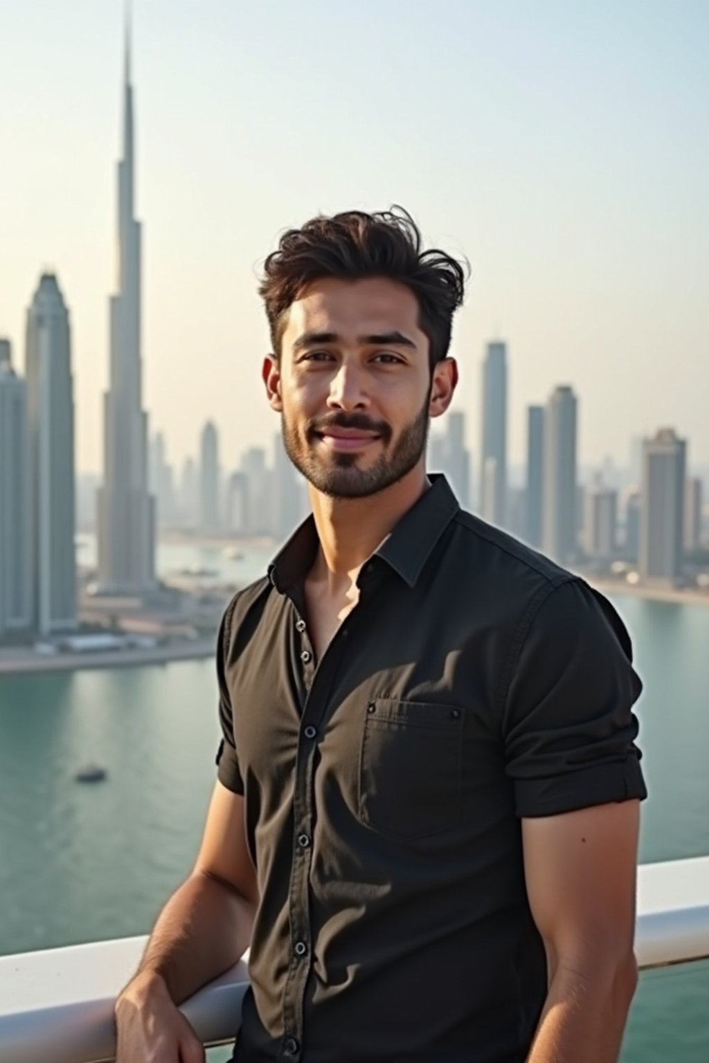 man as digital nomad in Dubai with skyline in background