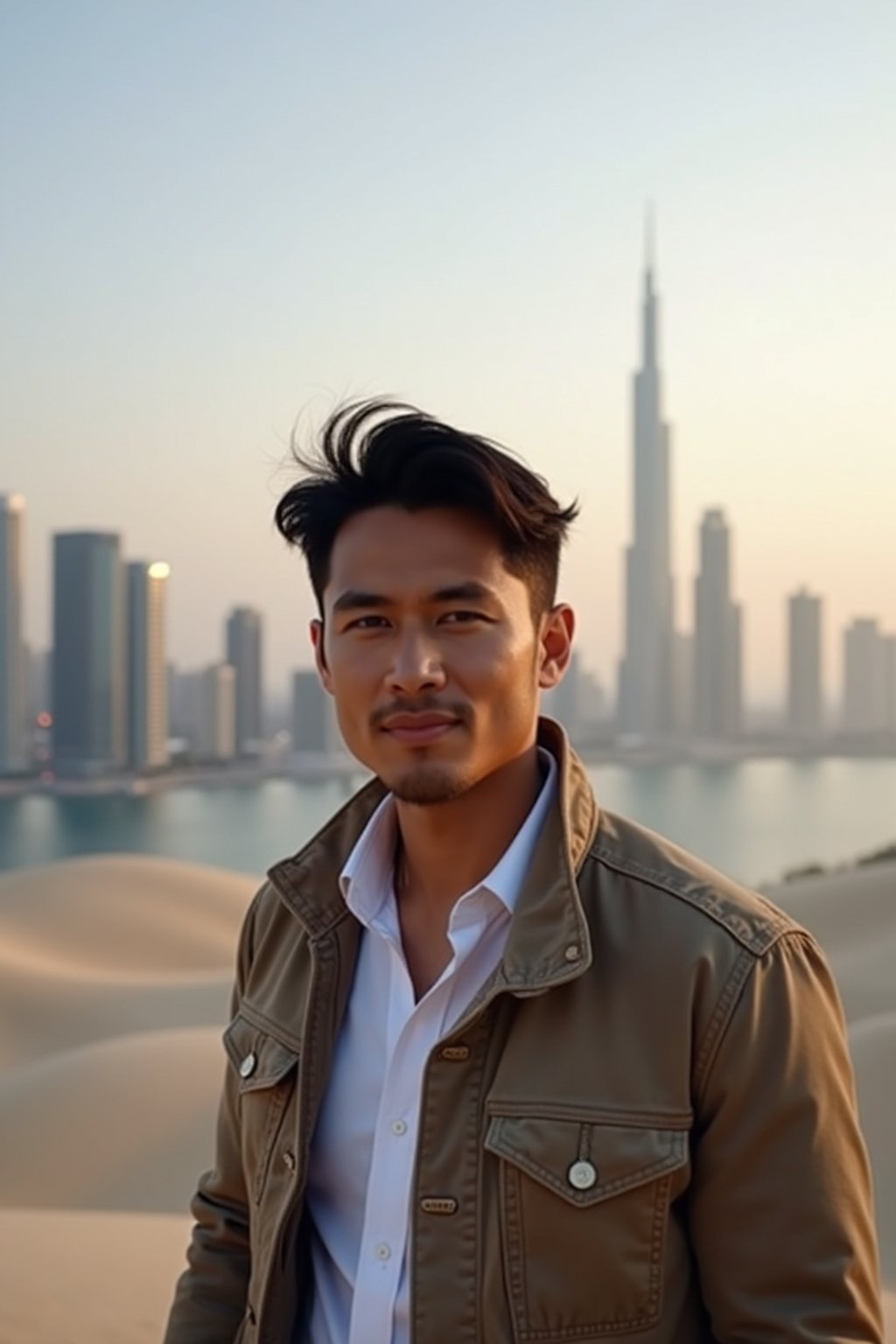 man as digital nomad in Dubai with skyline in background