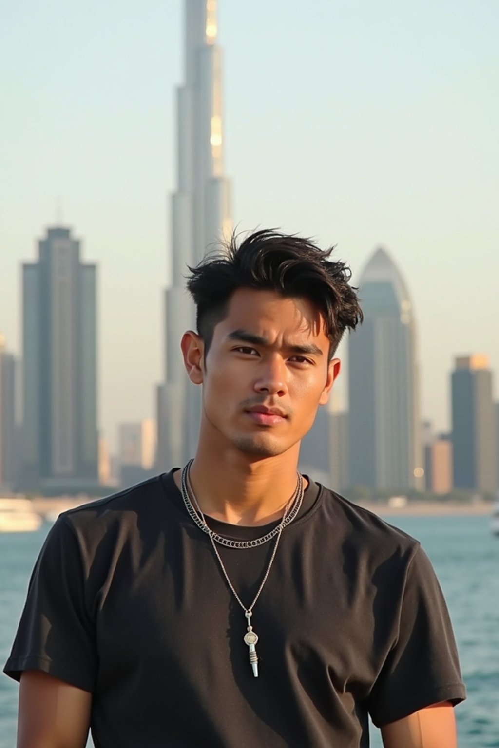 man as digital nomad in Dubai with skyline in background