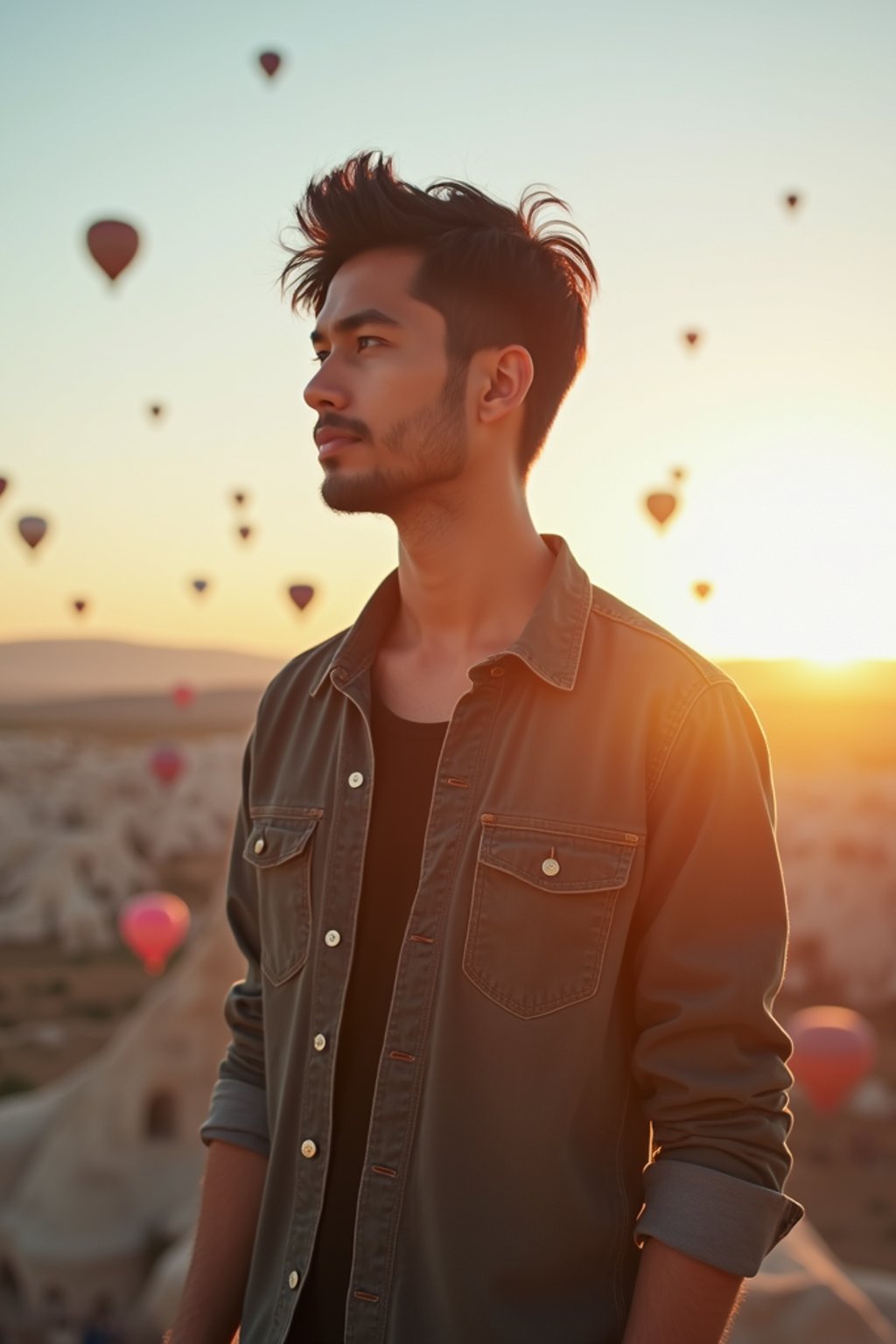 Breathtakingly man as digital nomad with hot air balloons in the background in cappadocia, Türkiye. Cappadocia, Turkey