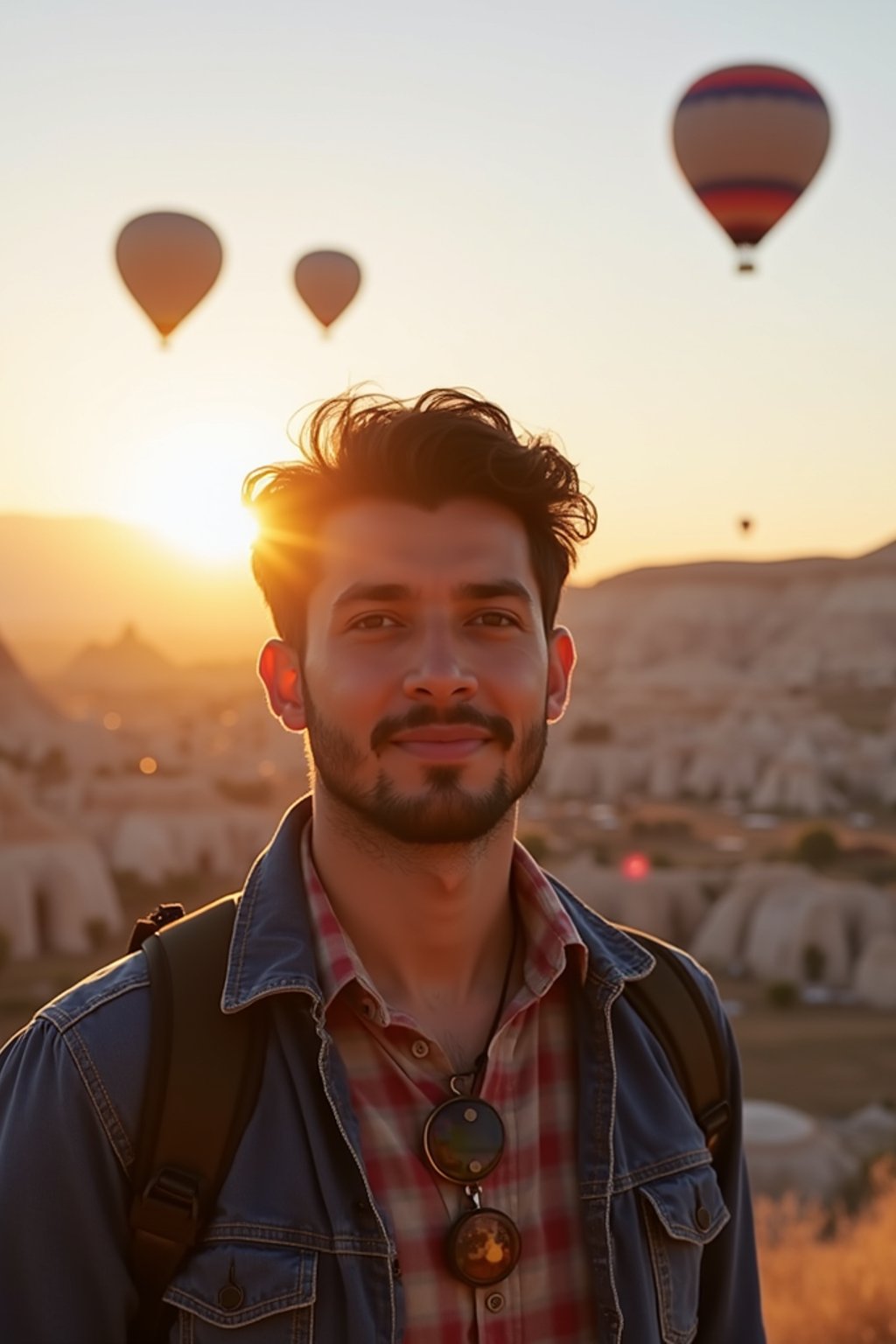 Breathtakingly man as digital nomad with hot air balloons in the background in cappadocia, Türkiye. Cappadocia, Turkey