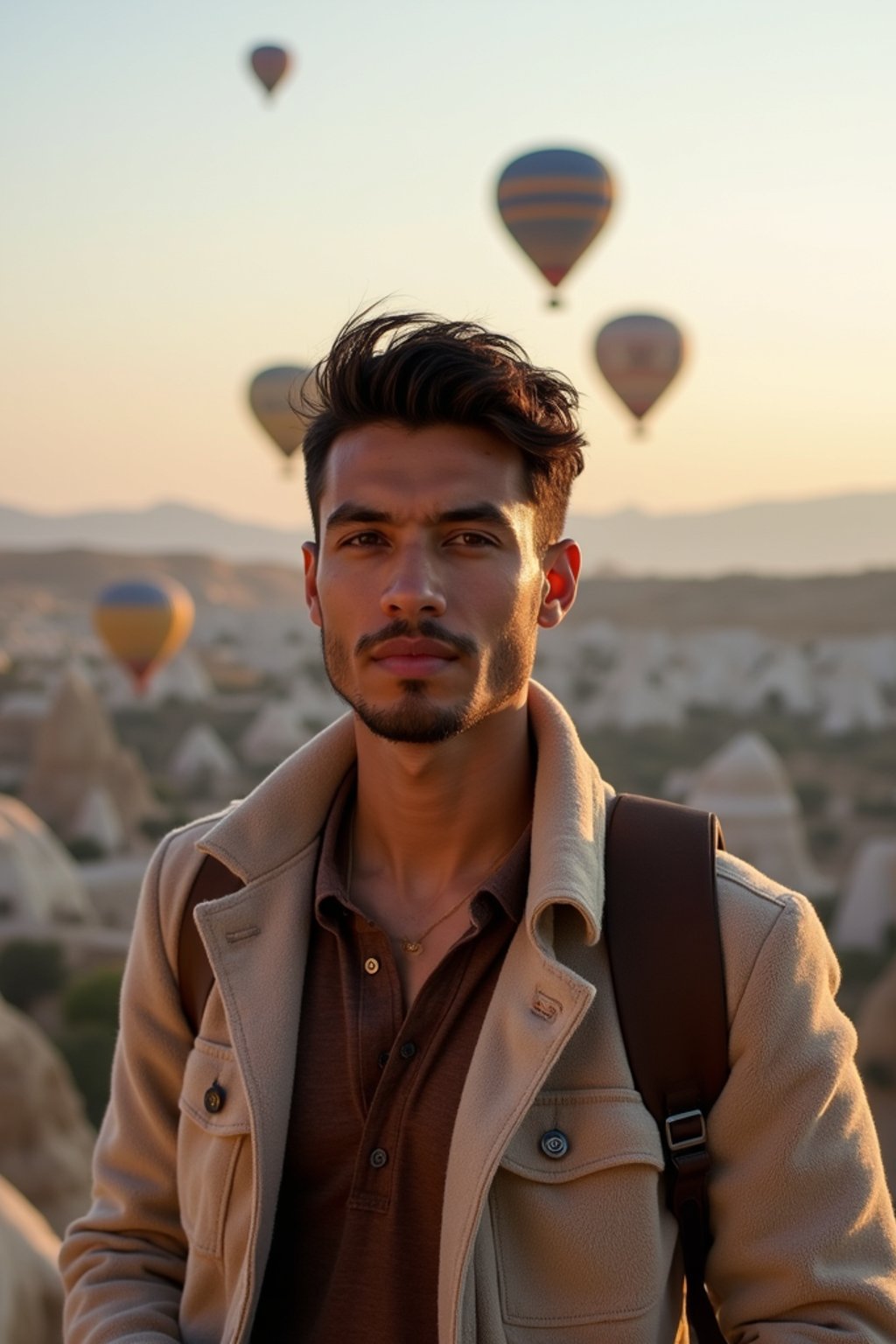 Breathtakingly man as digital nomad with hot air balloons in the background in cappadocia, Türkiye. Cappadocia, Turkey