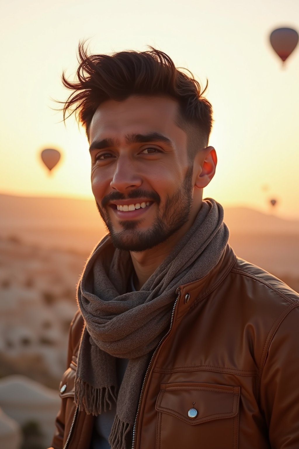 Breathtakingly man as digital nomad with hot air balloons in the background in cappadocia, Türkiye. Cappadocia, Turkey