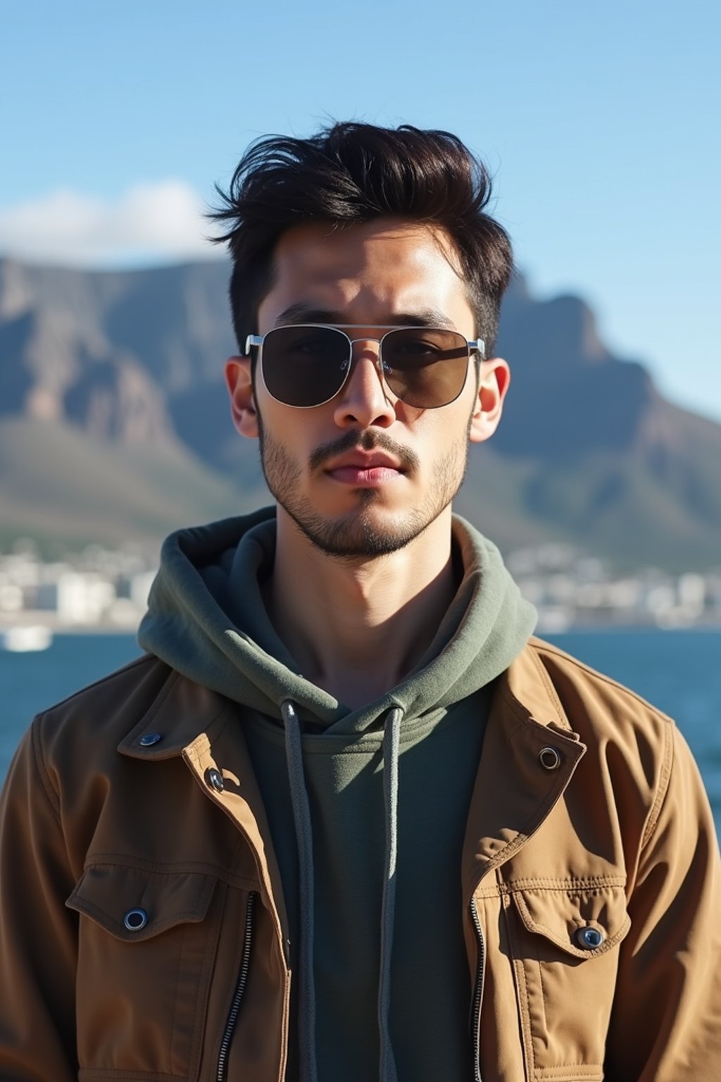 man as digital nomad in Cape Town with the Table Mountain in the background