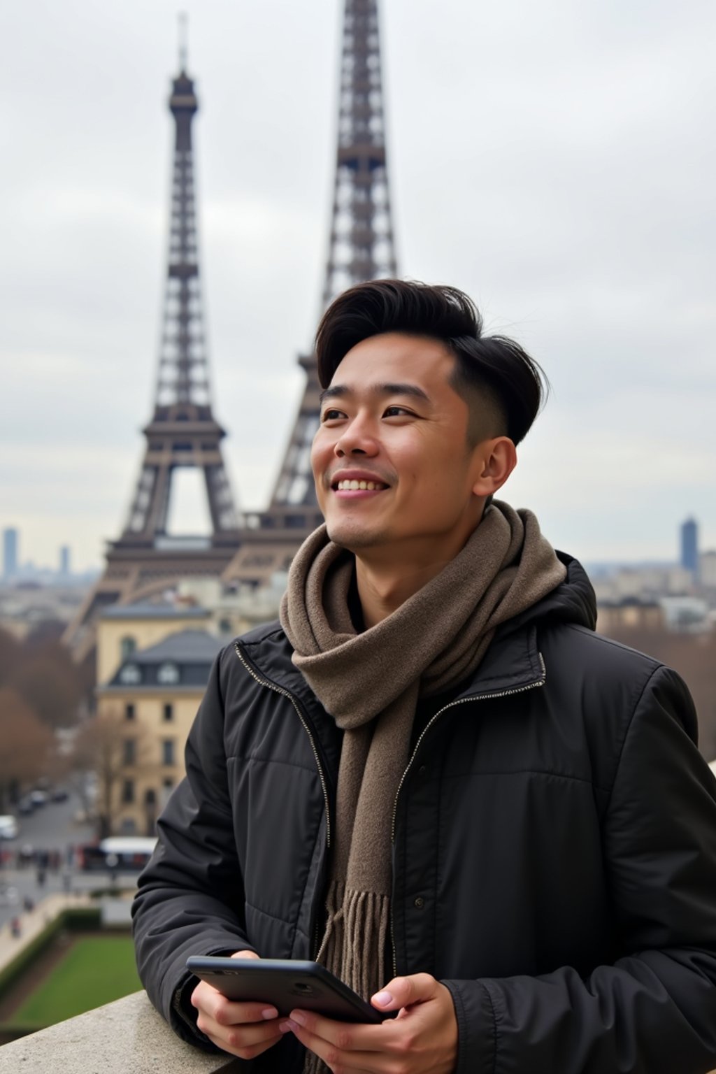 man as digital nomad in Paris with the Eiffel Tower in background