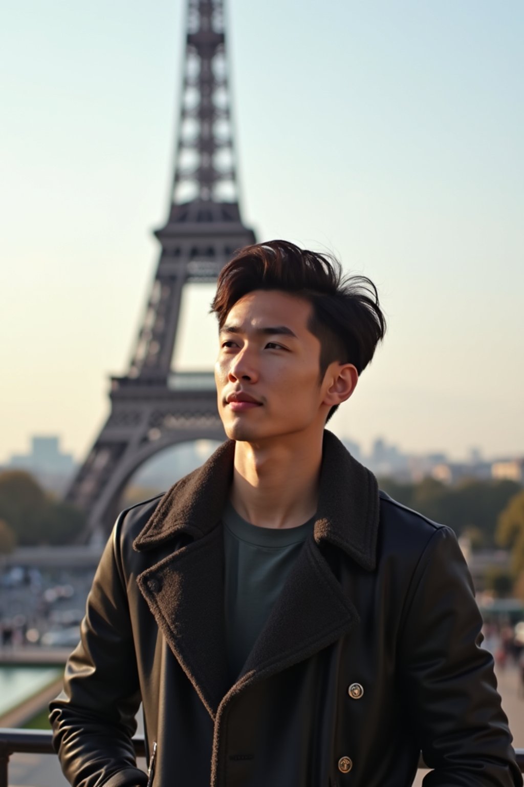 man as digital nomad in Paris with the Eiffel Tower in background