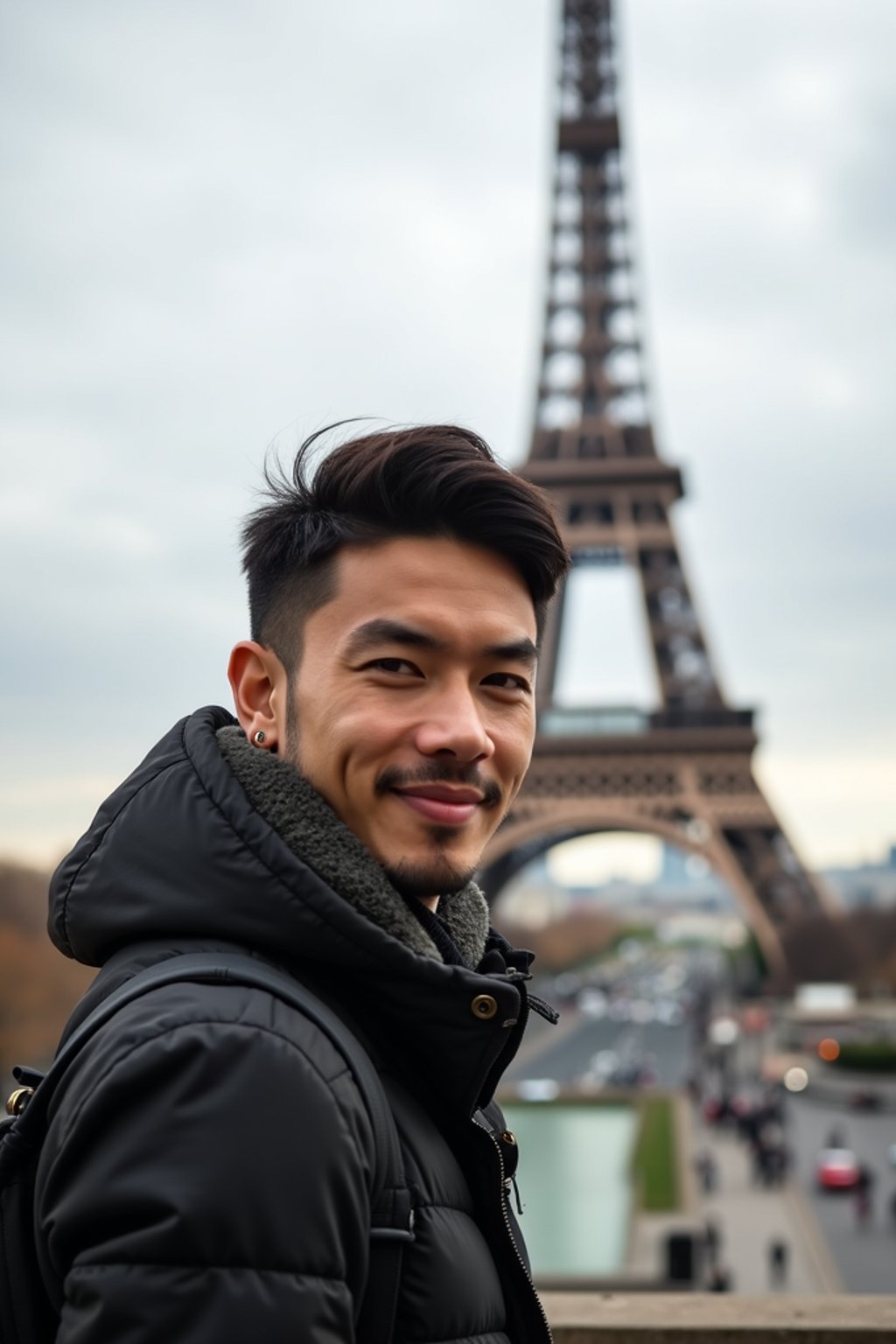 man as digital nomad in Paris with the Eiffel Tower in background