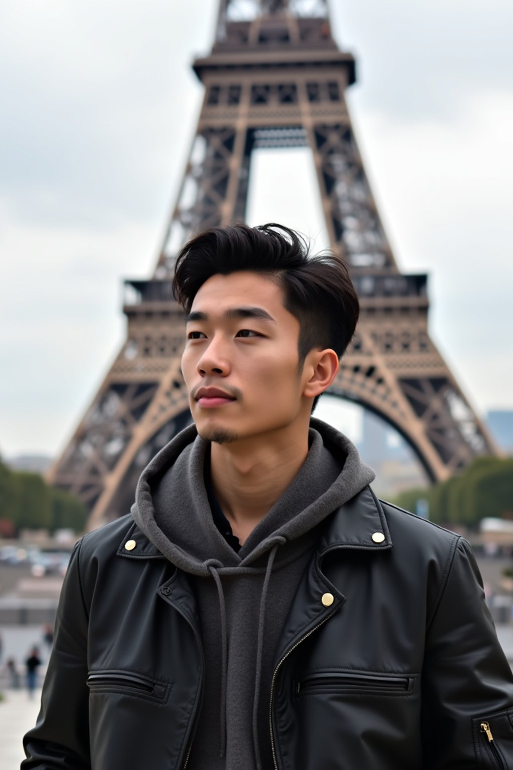 man as digital nomad in Paris with the Eiffel Tower in background