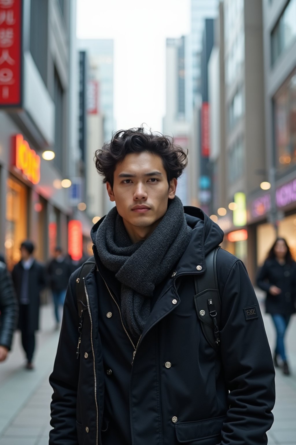 man as digital nomad in Seoul in Gangnam in Cheongdamdong Luxury Shopping street. stores visible in background