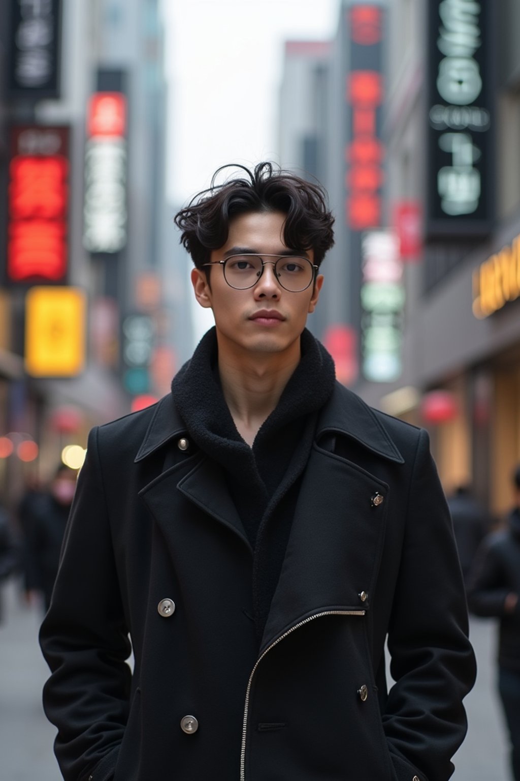 man as digital nomad in Seoul in Gangnam in Cheongdamdong Luxury Shopping street. stores visible in background