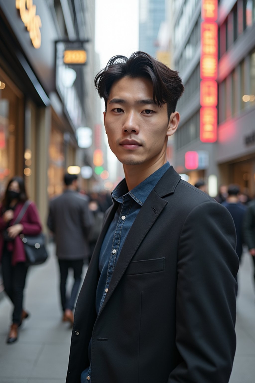 man as digital nomad in Seoul in Gangnam in Cheongdamdong Luxury Shopping street. stores visible in background