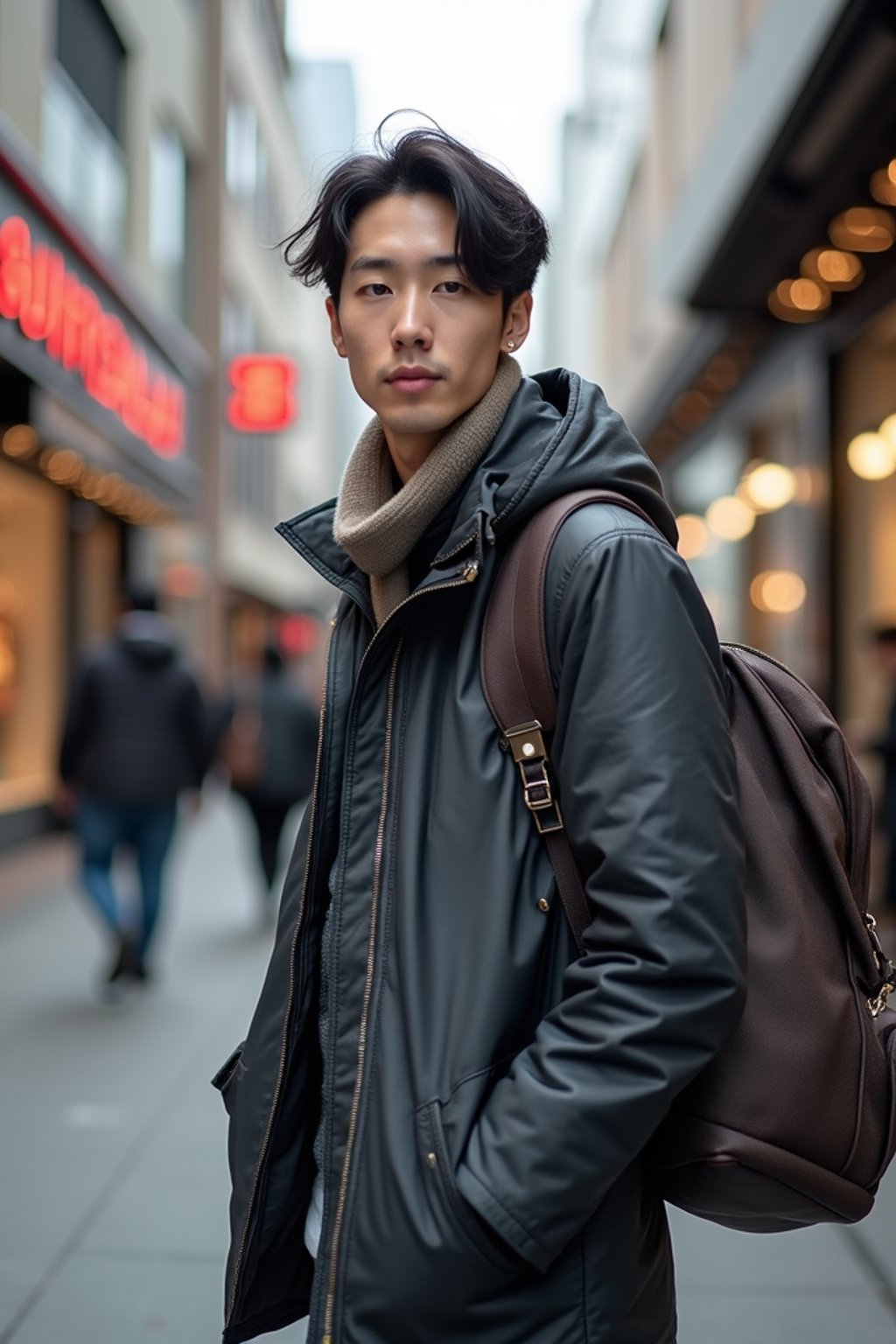 man as digital nomad in Seoul in Gangnam in Cheongdamdong Luxury Shopping street. stores visible in background