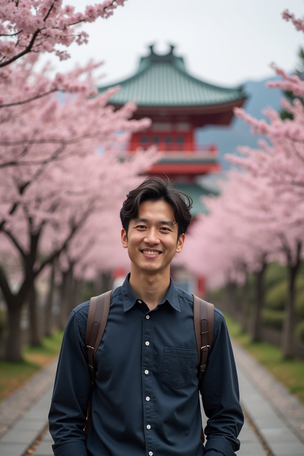 man as digital nomad in Japan with Japanese Cherry Blossom Trees and Japanese temples in background