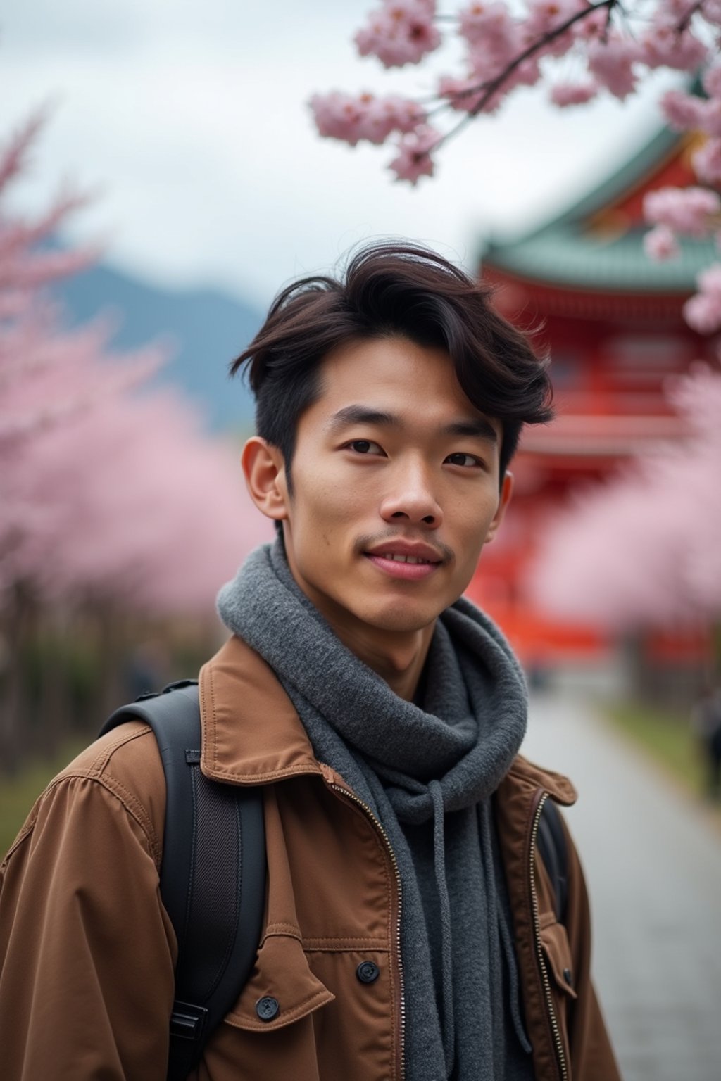 man as digital nomad in Japan with Japanese Cherry Blossom Trees and Japanese temples in background