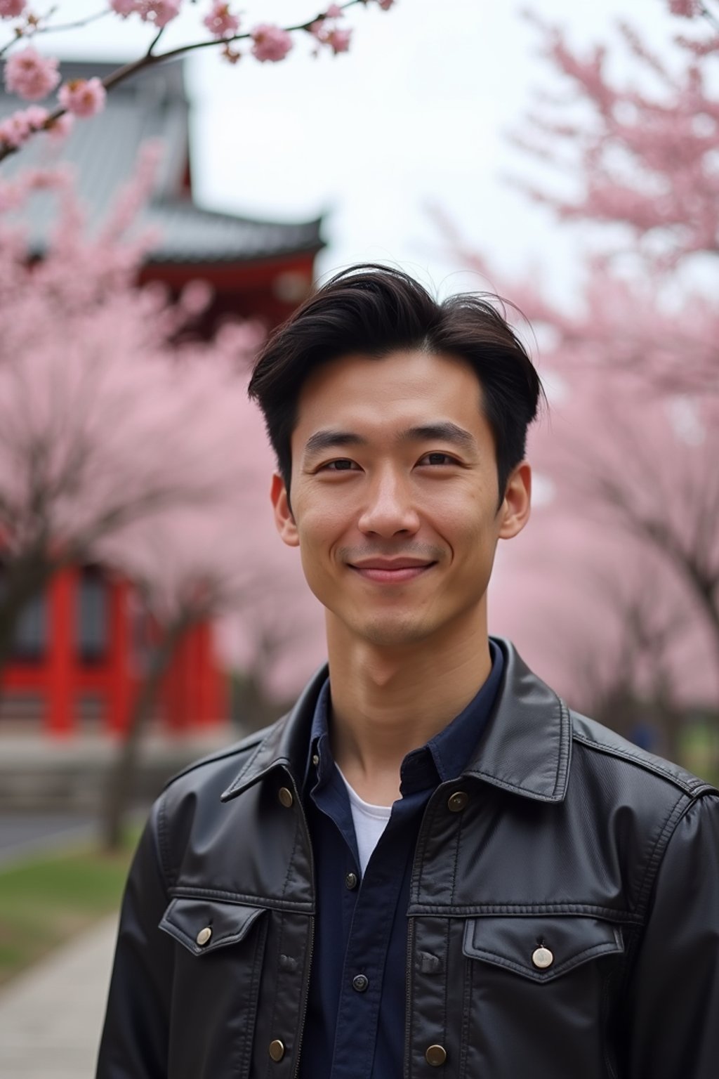 man as digital nomad in Japan with Japanese Cherry Blossom Trees and Japanese temples in background