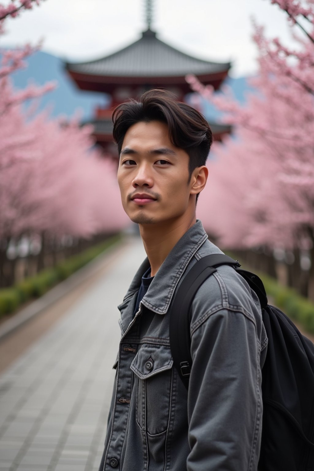 man as digital nomad in Japan with Japanese Cherry Blossom Trees and Japanese temples in background