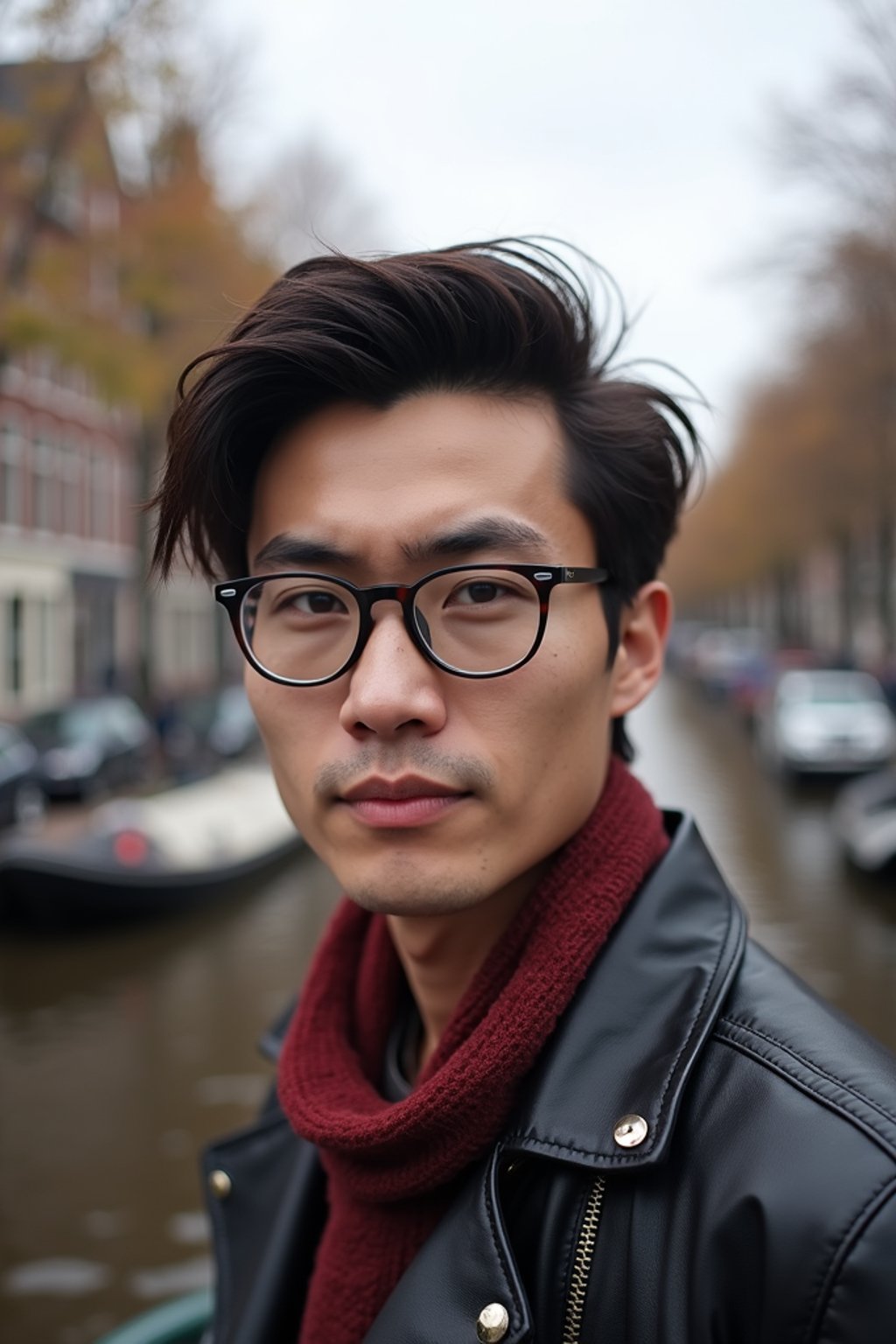 man as digital nomad in Amsterdam with the Amsterdam Canals in background