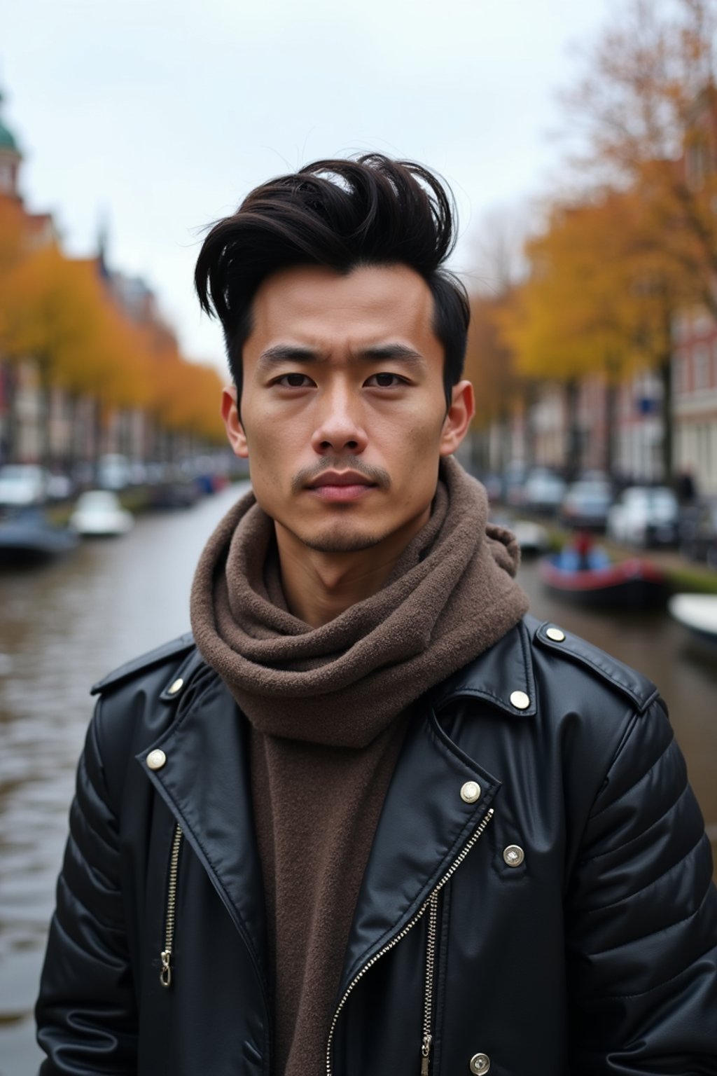 man as digital nomad in Amsterdam with the Amsterdam Canals in background