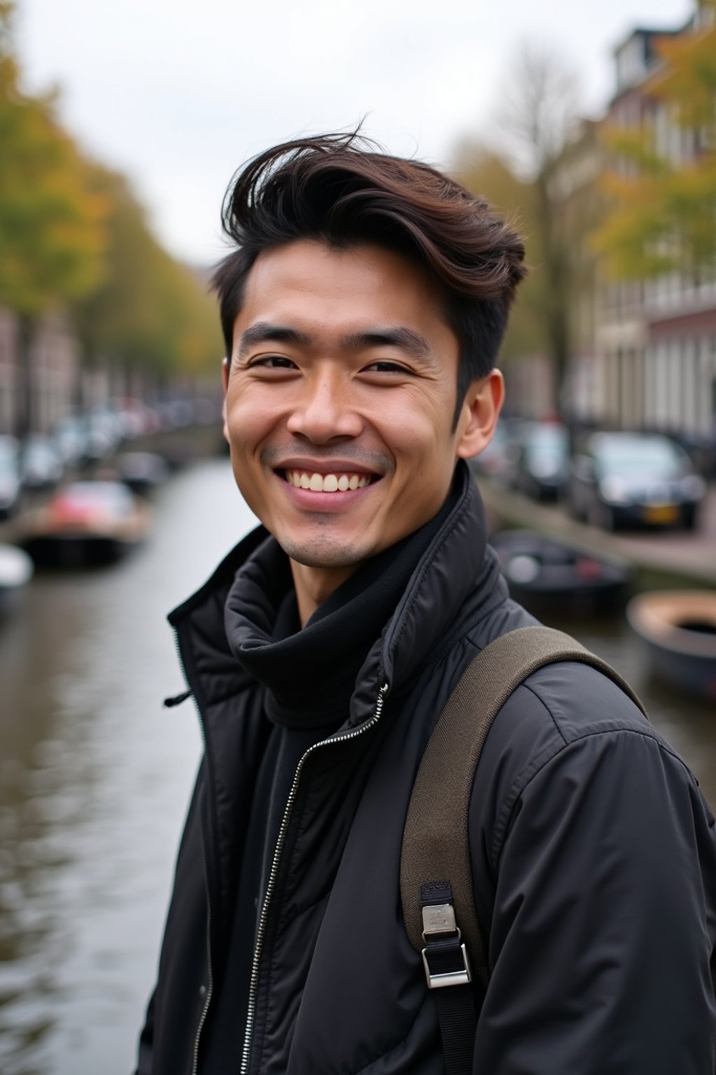 man as digital nomad in Amsterdam with the Amsterdam Canals in background